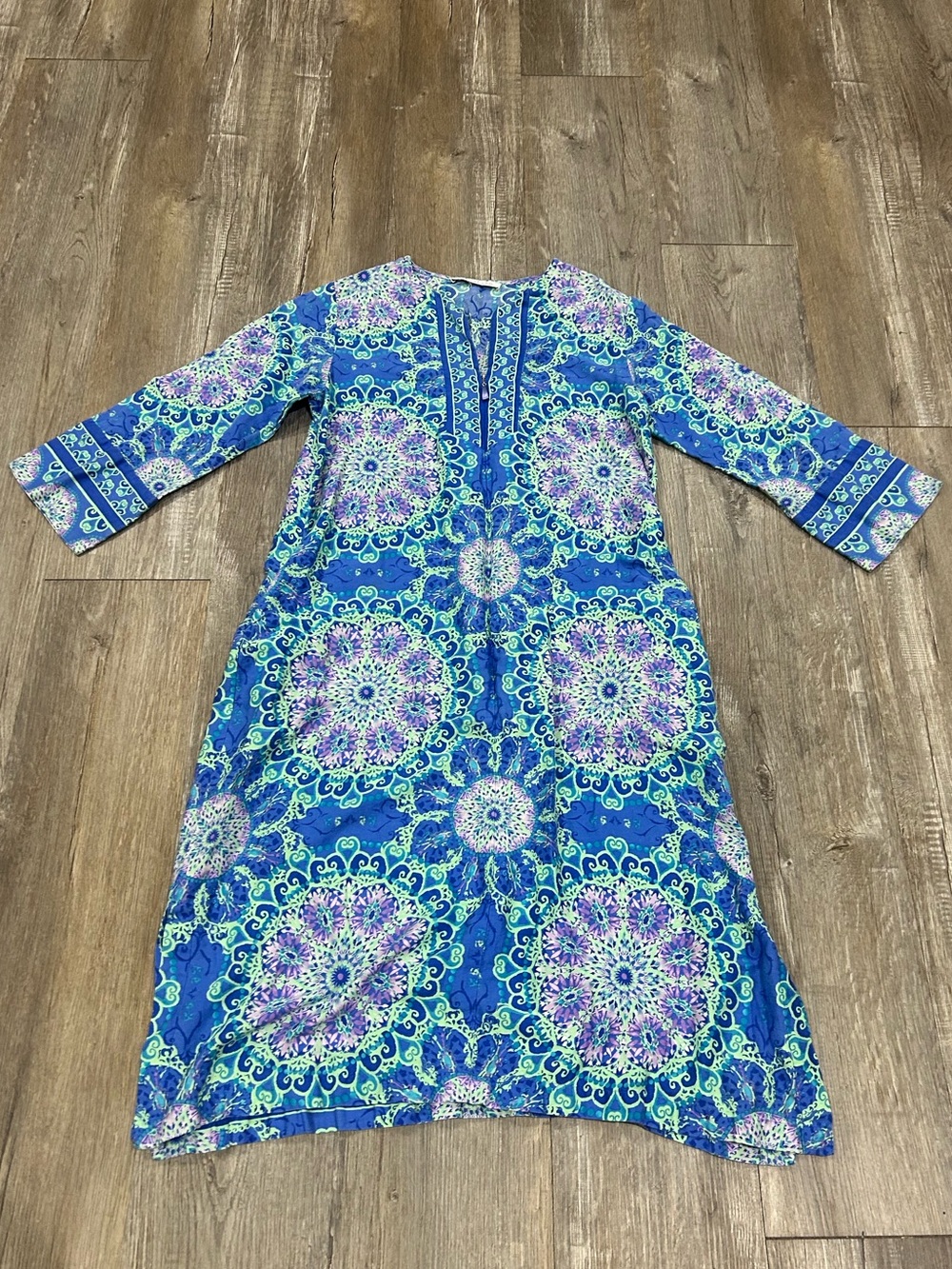 Oscar de la Renta Blue Green Medallion Print Cotton Kaftan Tunic Dress size M